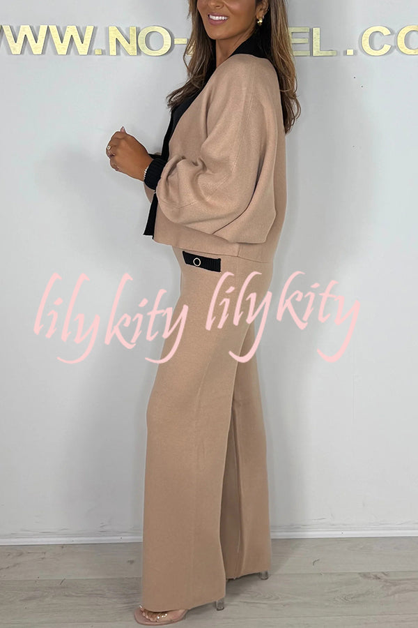 Fashion Contrast Color V-neck Loose Cardigan and Elastic Waist Casual Pants Set