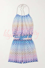 Wave Waves Knit Colorful Zigzag Pattern Halter Neck Backless Loose Romper