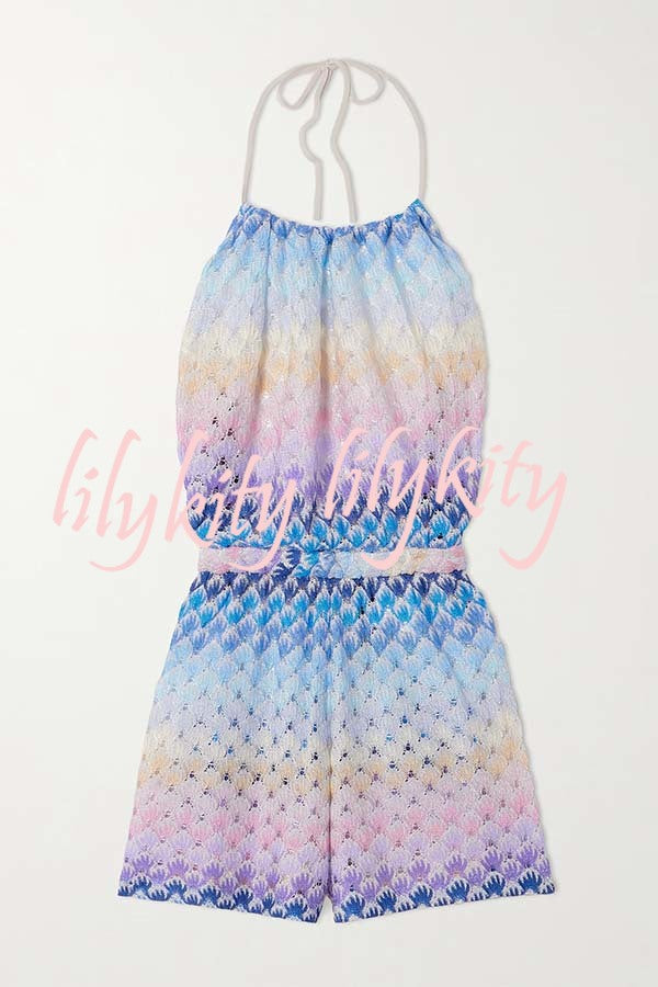 Wave Waves Knit Colorful Zigzag Pattern Halter Neck Backless Loose Romper
