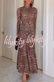 Revina Mesh Leopard Print Mock Neck Gathered Waist Long Sleeve Stretch Midi Dress