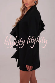 Perfect Party Satin Ruffles Button Up Long Sleeve Lapel Blazer