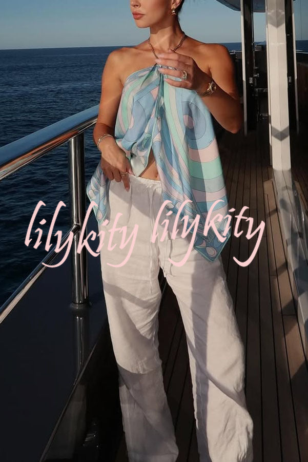 Artistic Girl Satin Unique Print Metal Chain Halter Draped Scarf Tank