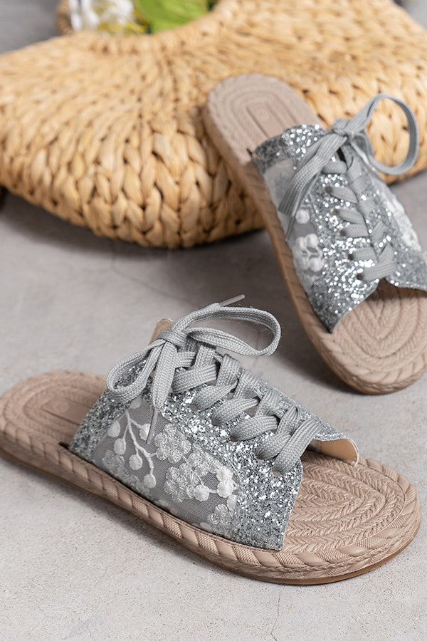 Sequined Mesh Embroidered Casual Strappy Flat Slippers