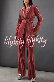 Solid Color Velvet Long-sleeved Waist Tie Top and Elastic Waist Casual Pocket Straight-leg Pants Set