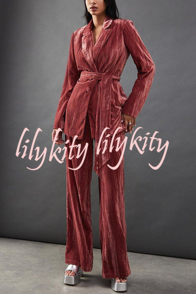 Solid Color Velvet Long-sleeved Waist Tie Top and Elastic Waist Casual Pocket Straight-leg Pants Set
