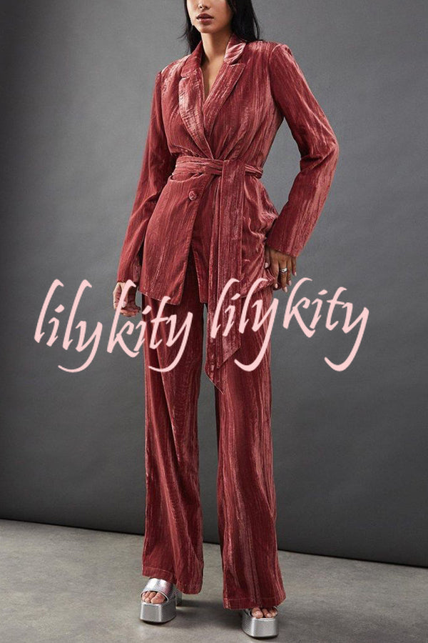 Solid Color Velvet Long-sleeved Waist Tie Top and Elastic Waist Casual Pocket Straight-leg Pants Set