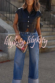 Stylish Weekend Faux Leather Button Up Cape Sleeve Pocket Crop Top