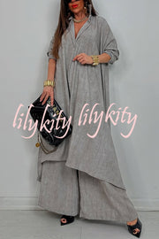 Solid Color Casual Loose Long Shirt and Elastic Waist Pocket Wide Leg Pants Set
