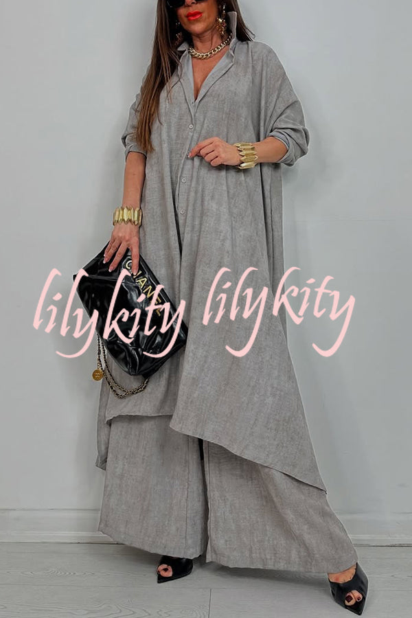 Solid Color Casual Loose Long Shirt and Elastic Waist Pocket Wide Leg Pants Set