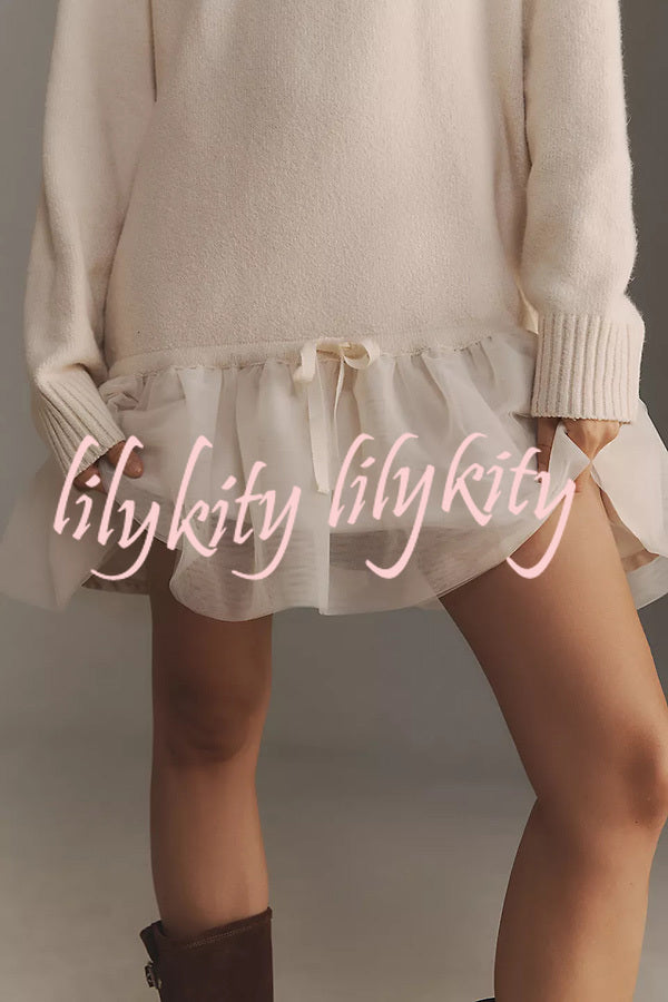 Holiday Cutie Knit Long Sleeve Turtleneck Tulle Twofer Mini Dress