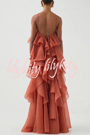 Free - Flowing Rose Detail Tiered Ruffles Halter A-line Maxi Dress