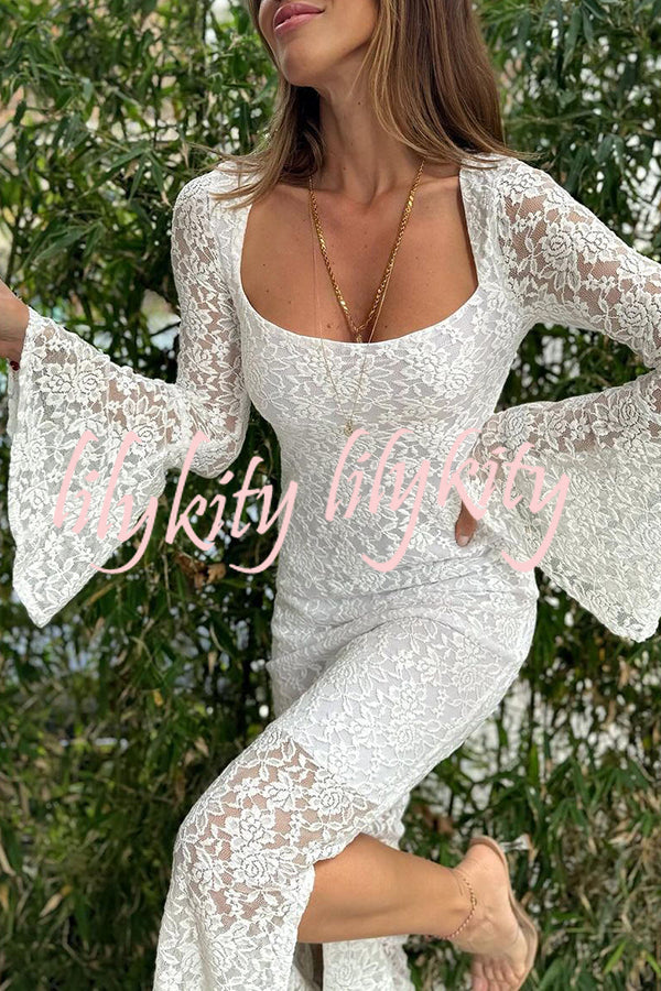 Luxe Lifestyle Lace Square Neck Bell Sleeve Lined Slit Midi Dress