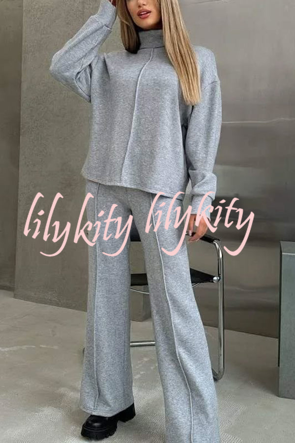 Solid Color Casual Knitted High Neck Long Sleeve Top and Elastic Waist Loose Pants Set