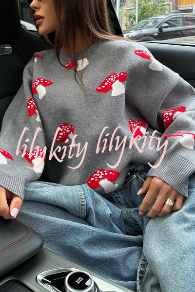 Mushroom Pattern Casual Loose Round Neck Knitted Sweater