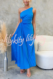 Charming One Shoulder Lace Up Cutout Pleated Maxi Dress