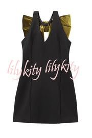 Sweet Party Contrast Back Velvet Bow Detail Mini Dress