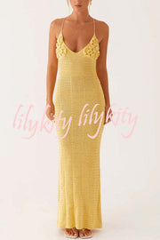 Olivia Crochet Knit Rose Texture Backless Stretch Maxi Dress