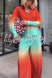 Neon Sunset Gradient Print Long Sleeve High Low Hem Blouse and Elastic Waist Loose Pants Set