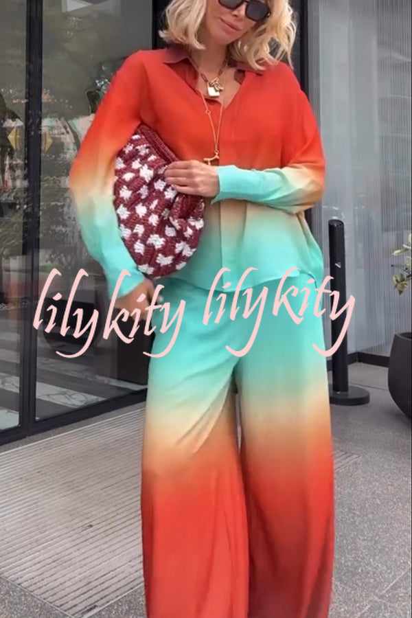 Neon Sunset Gradient Print Long Sleeve High Low Hem Blouse and Elastic Waist Loose Pants Set