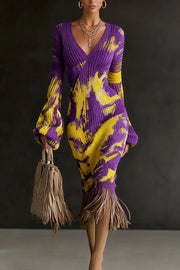 Unique Printed V-neck Long-sleeved Elegant Tassel Hem Midi Dress