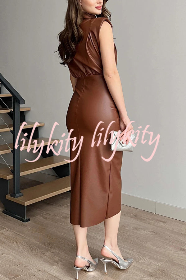 Elouise Faux Leather Turtleneck Shoulder Pads Ruched Slit Midi Dress