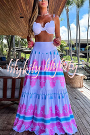 Unique Printed Suspenders Top and Loose Paneled Beach Maxi Skirt Set