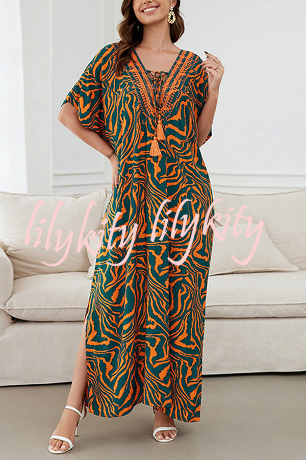 Floral Print V-Neck Lace-Up Loose Holiday Cover-Up Maxi Dress