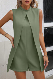 Solid Color Stand Collar Sleeveless Fake Two-piece Casual Rompers
