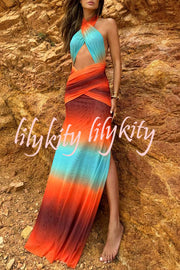 Neon Sunset Mesh Printed Cross Halter Neck Backless Vacation Maxi Dress