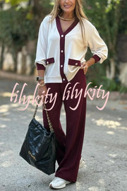 Stylish Color-blocked V-neck Knitted Button-down Cardigan and Elastic Waist Casual Wide-leg Pants Set