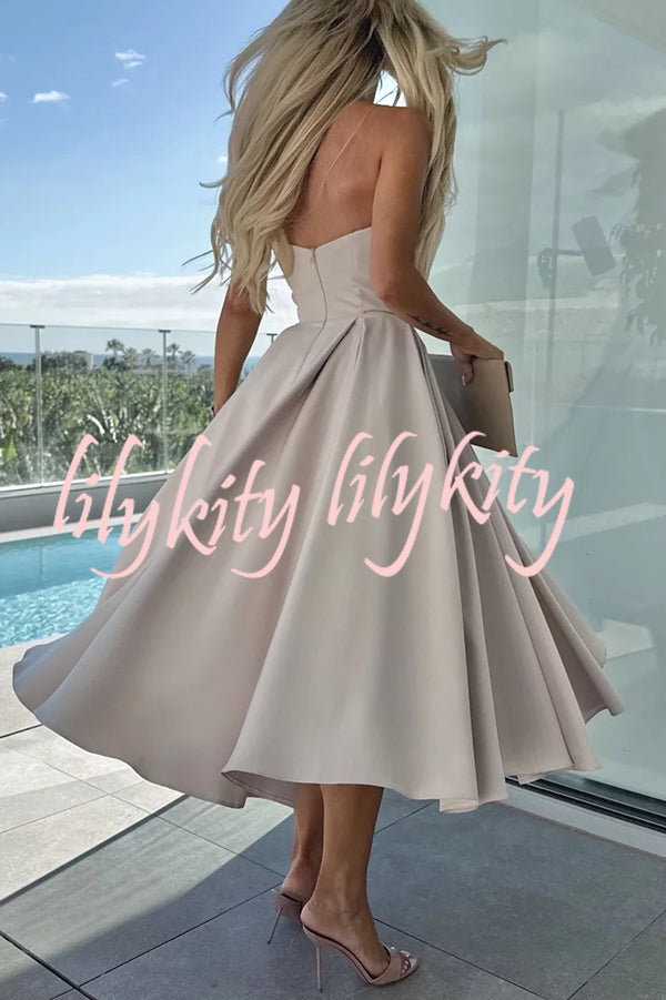 Sweet Cascade Solid Color Off Shoulder Pocket Full Hem Midi Dress