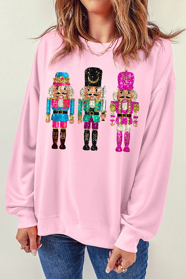 Christmas Soldier Sequin Loose Crew Neck Long Sleeve Sweatshirt