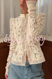 Fashion Hollow Lace Stand Collar Long Sleeve Slim Shirt