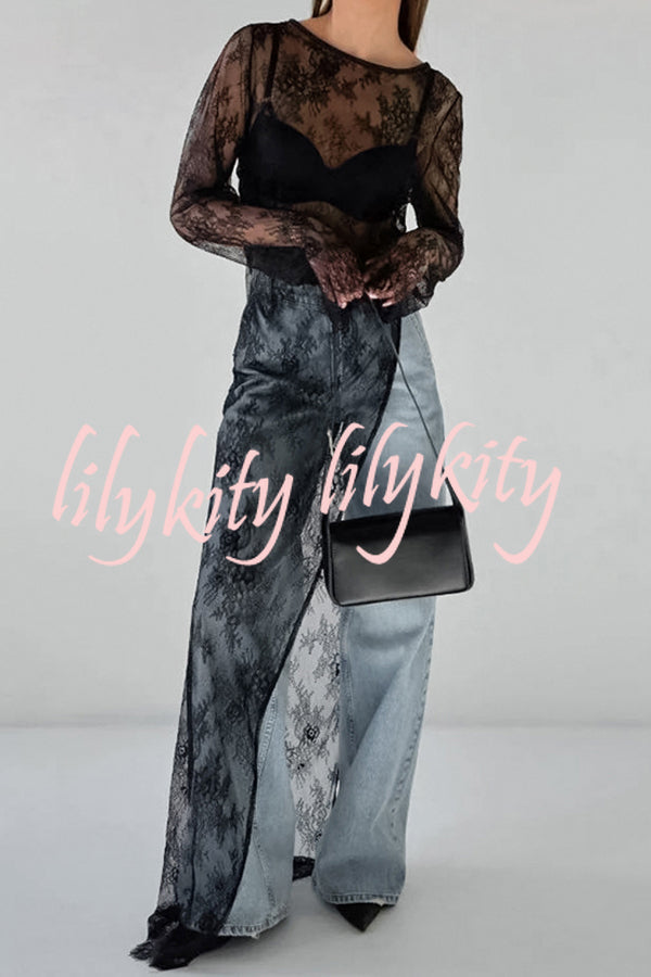 Sexy Openwork Lace Long-sleeved Asymmetrical Casual Top