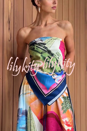 Seaside Holiday Satin Unique Print Knotted Scarf Top and Elastic Waist Loose Maxi Skirt Set