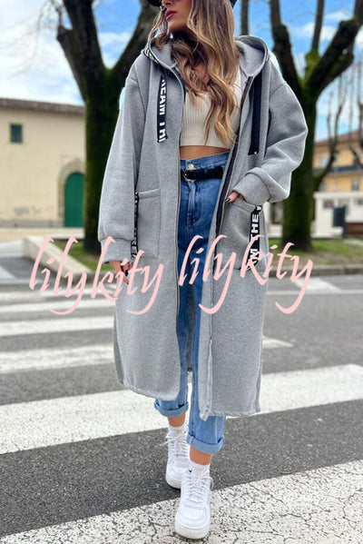 Fashionable and Casual Hooded Zipper Pocket Loose Long Coat