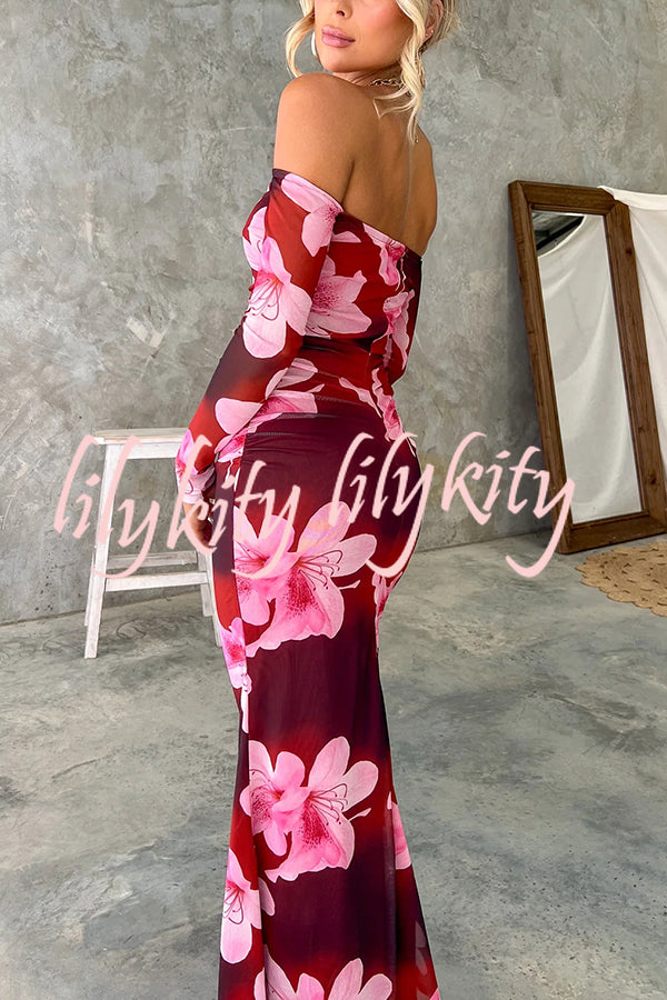 Floral Fantasy Mesh Off Shoulder Long Sleeve Stretch Maxi Dress
