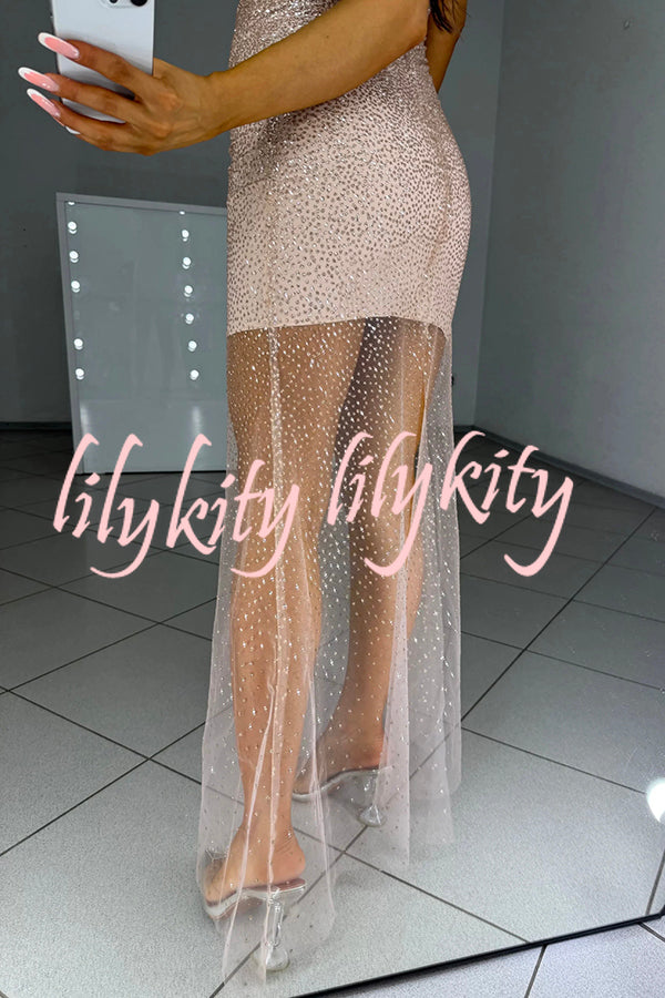 Olivia See-through Mesh Sequin Fabric Warp V-neck Party Maxi Dress