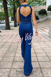 Fashionable Heart Hollow Back Slim High Waist Flared Denim Jumpsuit