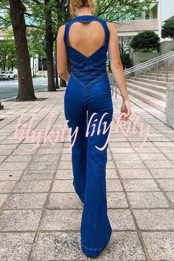Fashionable Heart Hollow Back Slim High Waist Flared Denim Jumpsuit