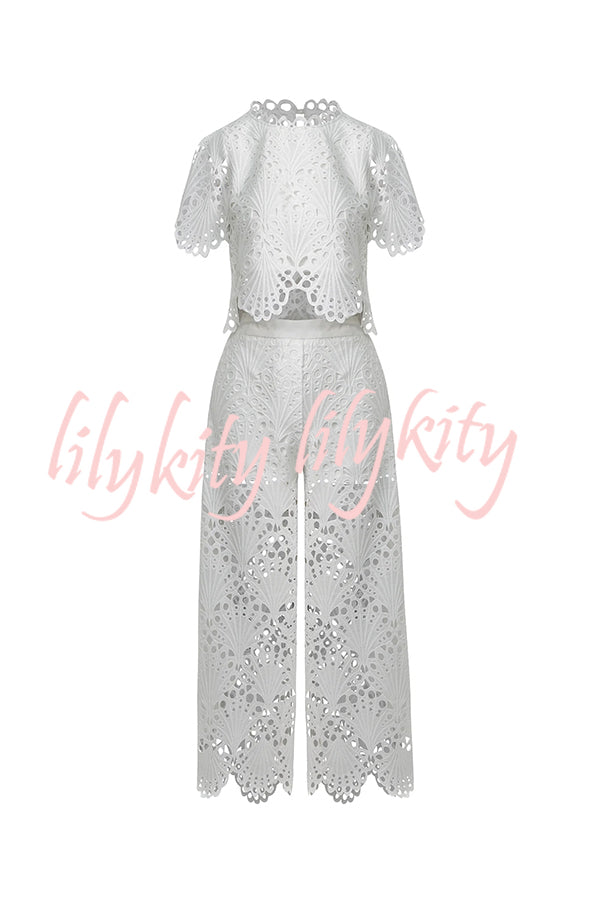 Eliose Scallop Cutout Embroidery Lace Elastic Waist Pocket Loose Pants