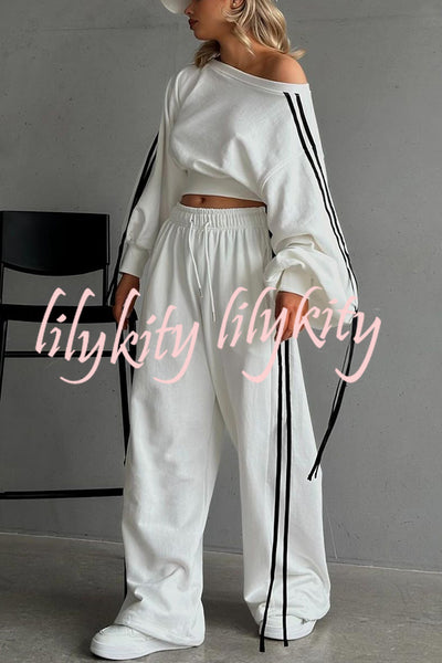 Contrast Color Webbing Casual Sweatshirt and Elastic Waist Tie Loose Pants Set