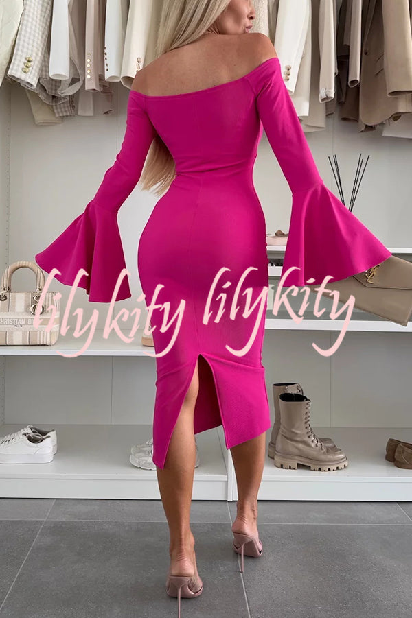 Solid Color Sexy Off-shoulder Trumpet Sleeve Slim Midi Dress