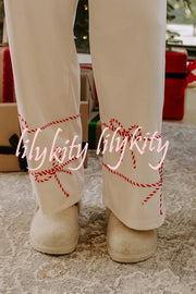 Candy Cane Cutie Loose Bow Tie Long-Sleeved Sweatshirt and Elastic Waist Pocket Pants Set