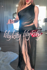 Dancing Miracle One Shoulder High Waist Hollow Design Tassel Hem Drape Mini Dress