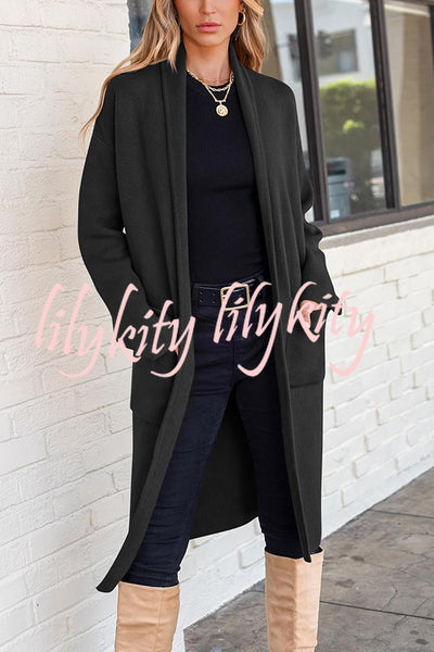 Solid Color Long-sleeved Casual Loose Pocket Mid-length Cardigan