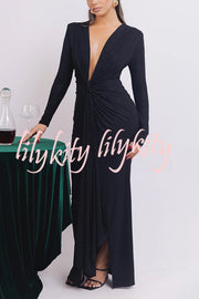 Solid Color Shiny Sexy V-neck Long Sleeve Ribbon Slit Slim Fit Maxi Dress