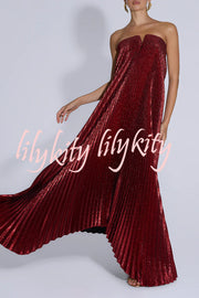Party Time Pleated Metallic Fabric Off Shoulder Irregular Hem A-line Maxi Dress