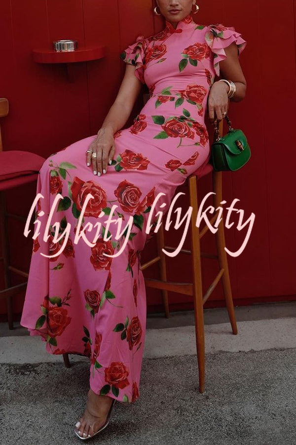 Cheongsam Style Rose Floral Print Tiered Flare Sleeve Stretch Maxi Dress