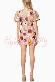 Garden Gala Embroidered Floral Applique Puff Sleeve Mini Dress